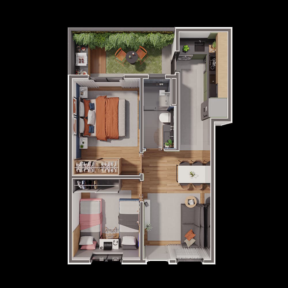 Unidades Garden com 2 quartos, sendo 1 quarto de serviço, com quintal privativo e área total de até 93,75 m², com 1 ou 2 vagas.