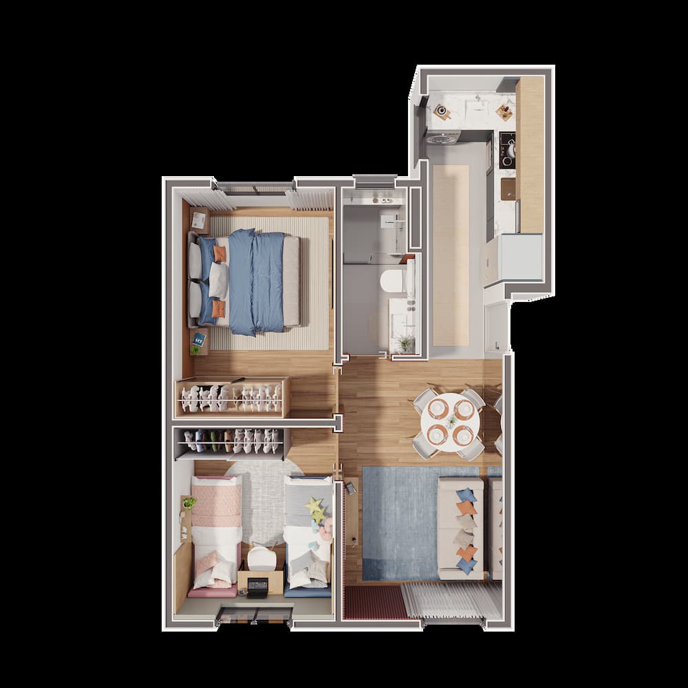 Apartamentos tipo com 2 quartos, sendo 1 quarto de serviço, área toral de 42,70 m², com 1 vaga